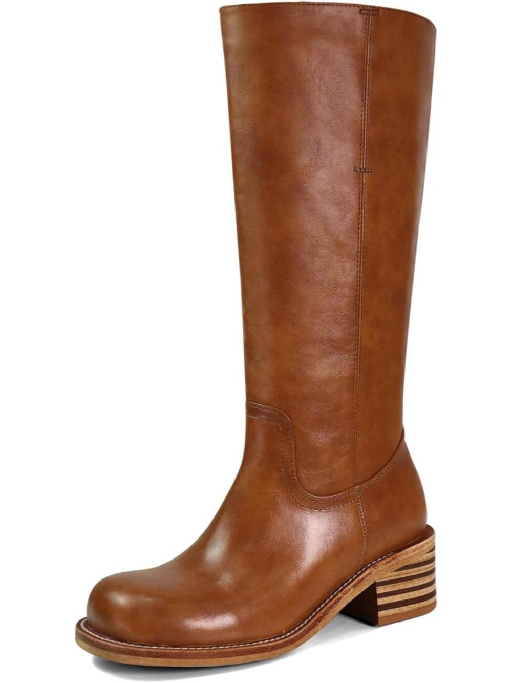 Women's Saddle Brown Low Heel Square Toe Chunky Block Heel Long Knee High Boot